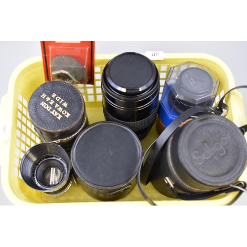 635 - A Selection of Vintage Camera Lenses and Accessories To Include Alstar, Soligor, Quantaray, And More