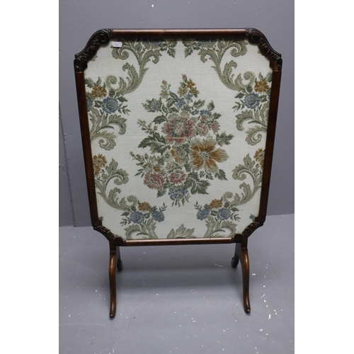 659 - Dark wooden frame tapestry tilt top fire screen & table, the square top has inset and behind the... 