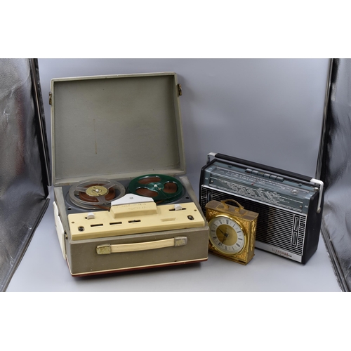 694 - Vintage Cossor Radio, Tempora Mantle Clock, and a Cased Tape to Tape Deck (Untested)