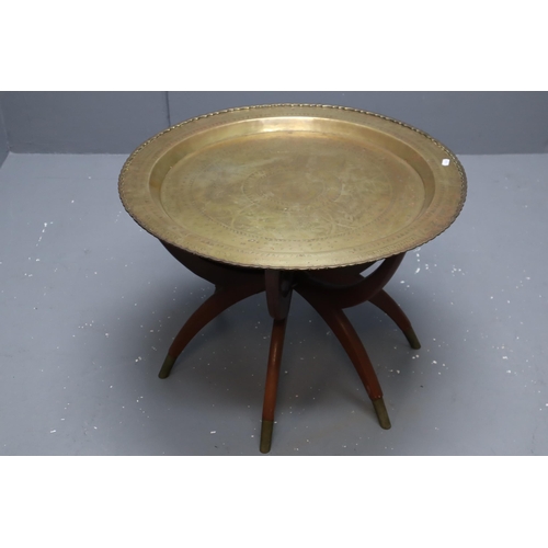 695 - Large Chinese Brass Circular Tray Standing on Folding Teak Base (26