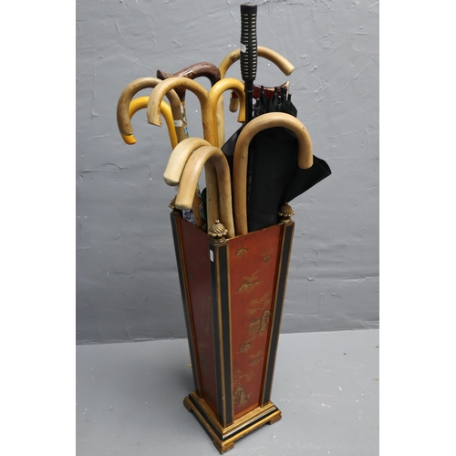 731 - Vintage Chinese Inspired Walking Stick/Umbrella Holder complete with a collection of Walking Sticks