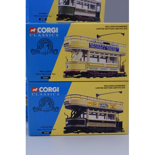 830 - Eight Corgi diecast to include West Hartlepool open top tram, London closed tram set, Glasgow closed... 