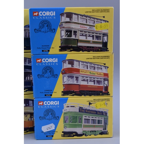 830 - Eight Corgi diecast to include West Hartlepool open top tram, London closed tram set, Glasgow closed... 