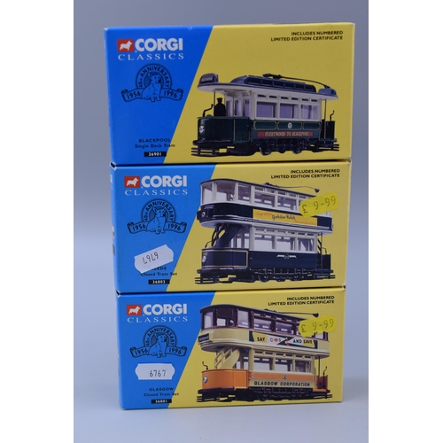 830 - Eight Corgi diecast to include West Hartlepool open top tram, London closed tram set, Glasgow closed... 