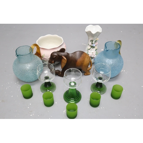 898 - Mixed Selection including Crackled Glass Pitchers, Teak Elephant, Goblet Wine Glasses and More