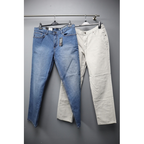 866 - Six Pairs Mens Trousers, Five Pairs Denim, Blue, Black and One Beige and One Pair Cotton Chino, 36 W... 