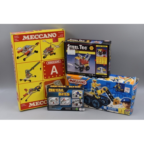 844 - Four building kits to include Meccano A with 4 versions of build, Meccano City builder, Metal kits b... 