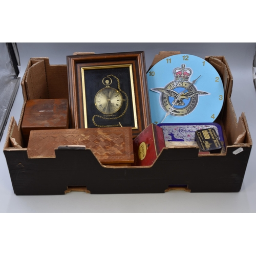 912 - Mid Selection including RAF Clock, Pocket Watch Clock, Wooden Trinket Box and a Selection of Vintage... 