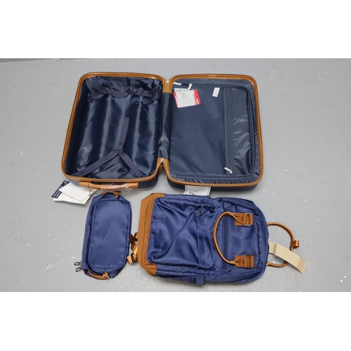 919 - New cabin sized suitecase three piece set with toiletry bag and backpack