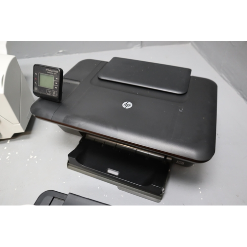 857 - Five printers and a stapling machine makes to include HP Deskjet 3055A, HP Deskjet 2542, Canon 5P450... 