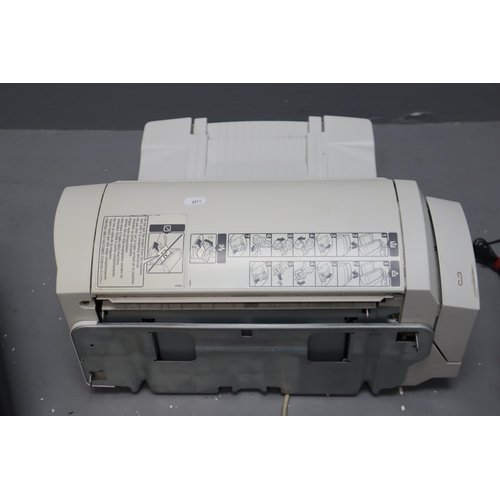 857 - Five printers and a stapling machine makes to include HP Deskjet 3055A, HP Deskjet 2542, Canon 5P450... 