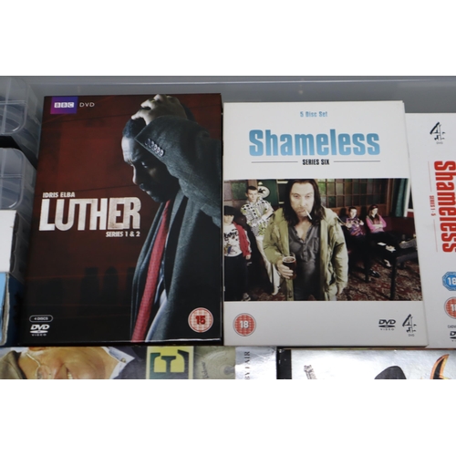 890 - Box full of DVDs to include Idris Elba Luther series 1 & 2, Shameless series 1-5, Shameless seri... 