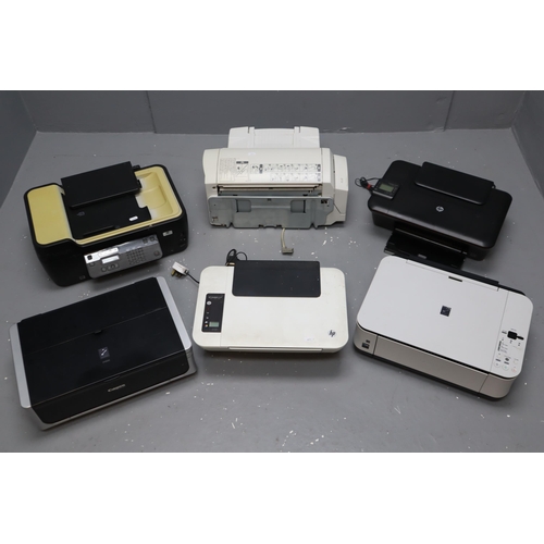 857 - Five printers and a stapling machine makes to include HP Deskjet 3055A, HP Deskjet 2542, Canon 5P450... 