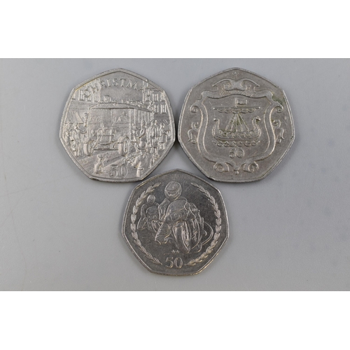 166 - Three Isle of Collectable 50p Coins including 1987 Christmas, 1985 Viking Ship and 1997 TT