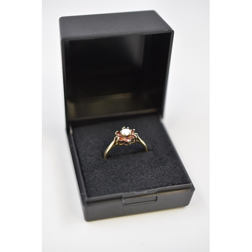 8 - Gold on Silver Opal and Garnet Stoned Ring Complete with Presentation Box