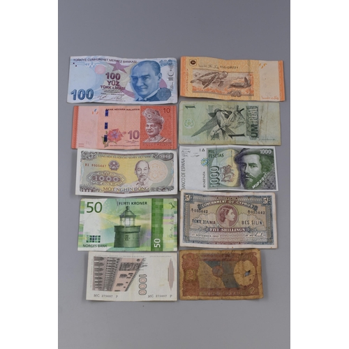 176 - Selection of 10 bank notes to include Government of Cyprus Five Shillings, 1000 Lire Mille, RM 10 Ri... 