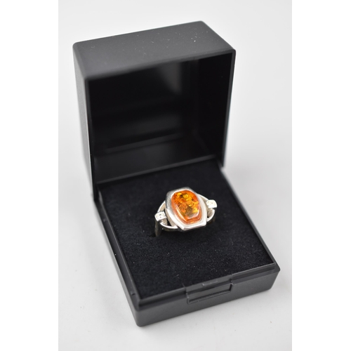 37 - Silver 925 Amber Ring (size L) in Presentation Box