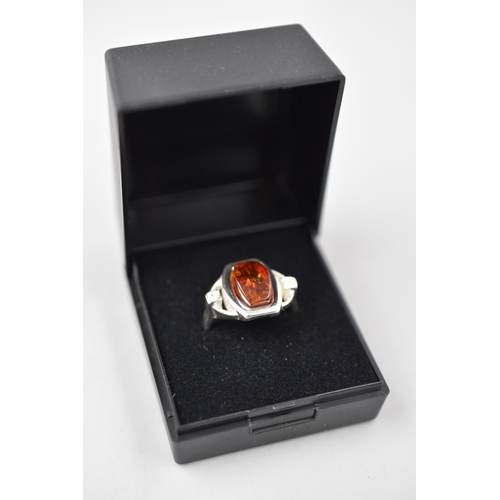 38 - Silver 925, Amber Stoned Ring (Size O) Complete in Presentation box