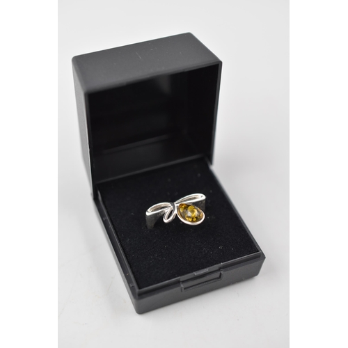 39 - Silver 925, Amber Stoned Ring (Size N) Complete in Presentation Box