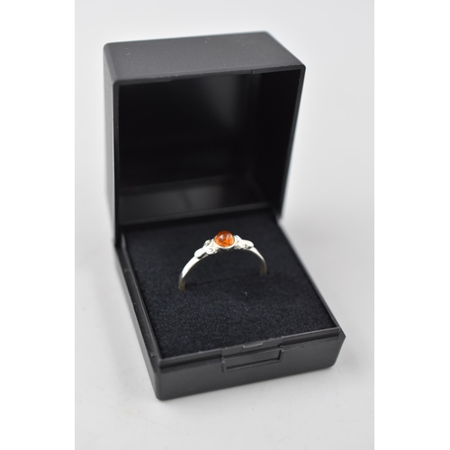 40 - Silver 925, Amber Stoned Ring (Size S) Complete with Presentation Box