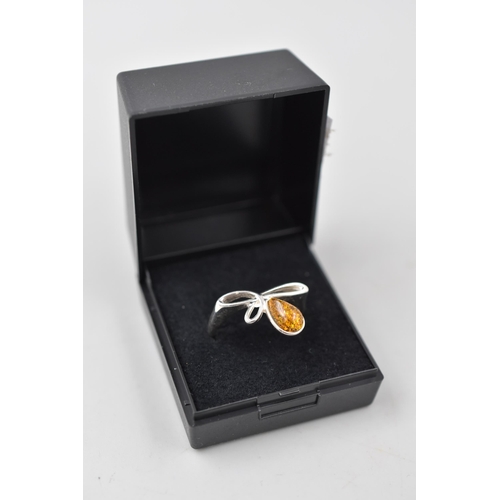 41 - Silver 925, Amber Stoned Ring (Size V) Complete with Presentation Box