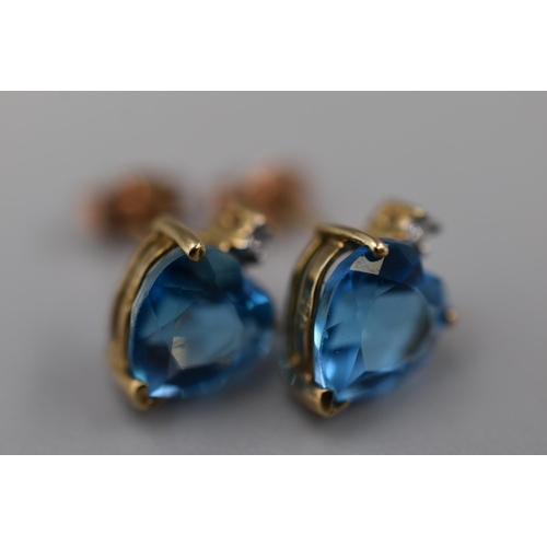 51 - A Pair of Blue Stoned 9ct Gold Loveheart Earrings, In Presentation Box