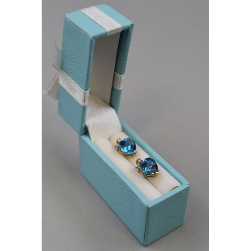 51 - A Pair of Blue Stoned 9ct Gold Loveheart Earrings, In Presentation Box