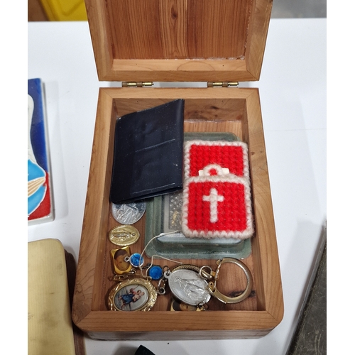 341 - Lot of Religious Items ( Catholic) included Wooden Crucifix Mounted Box and Contents