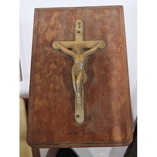 341 - Lot of Religious Items ( Catholic) included Wooden Crucifix Mounted Box and Contents