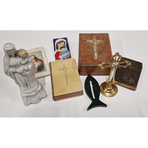 341 - Lot of Religious Items ( Catholic) included Wooden Crucifix Mounted Box and Contents