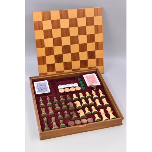 344 - A Board Games Set, Includes Chess (Full Set), Checkers (Full Set), Poker Dice, And Two Card Sets (On... 