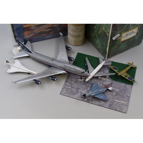 196 - A Selection of Plane Memorabilia To Include Die Cast Models (SB 15 Phantom F4E, Concorde, Boeing 747... 