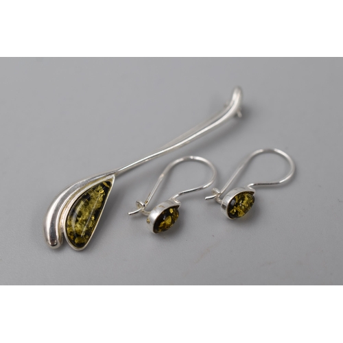 69 - Silver 925 Amber Brooch & Pair of Earrings