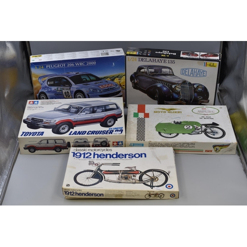 199 - Selection of Five Plastic Model Kits, Three Motor Cars and Two Motorcycles, Kits are Heller, Tamiya,... 