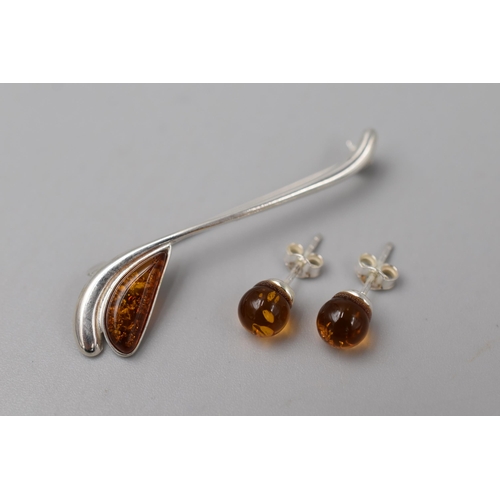 74 - Silver 925 Amber Brooch & Pair of Earrings