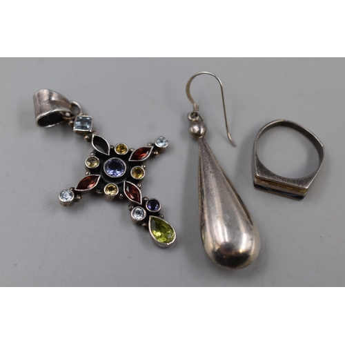 87 - Three Pieces of Silver To Include Multi Stoned Cross Pendant (Missing Stone), Mother of Pearl Inlaid... 