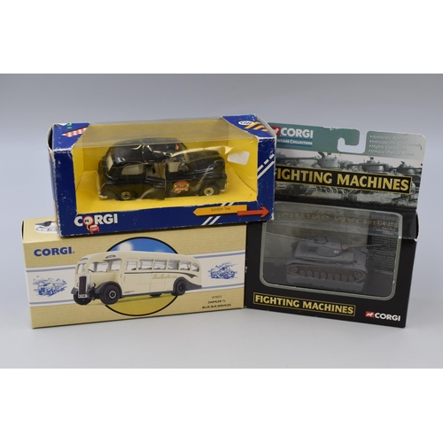 207 - Three Corgi diecast models to include London Taxi, Blue Bus Services and Pzkw IV G 16th Panzer Divis... 