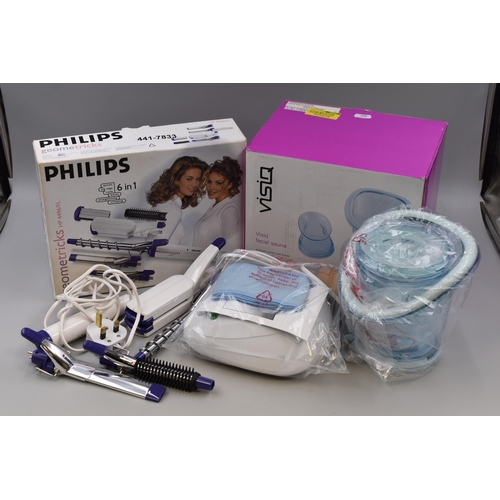 478 - Selection Including VISIQ Facial Sauna (Untested) and Philips Geometricks Hair Styler Tool with 6 Ac... 