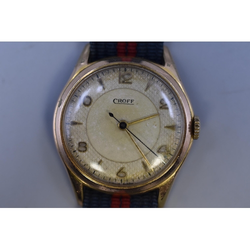 114 - A Croff Gold Tone Vintage Mechanical Watch, With Fabric Strap. Working