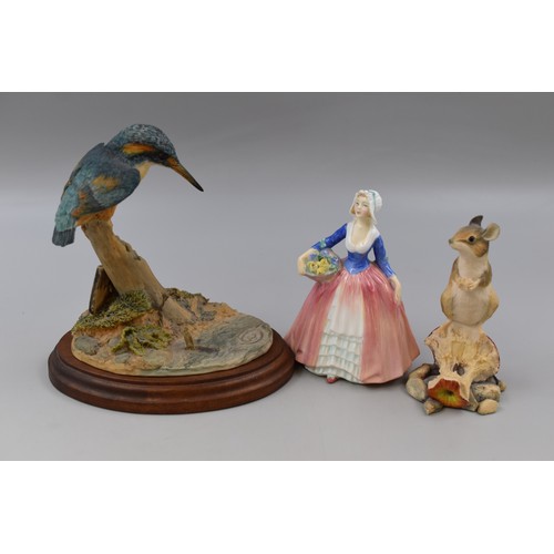 218 - Three Figurines to include Royal Doulton 'Janet' HN.1916, Ayres Kingfisher on a Branch and Mouse on ... 