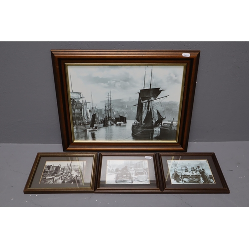 375 - Four Framed and Glazed Black and White Prints Depicting Victorian Dockside Scenes, One with a Descri... 