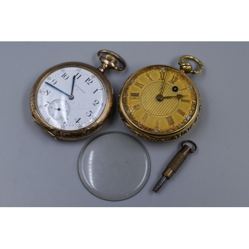 122 - A Hallmarked 18ct London Gold Cased Floral Pocket Watch, With Gold Plated Waltham Pocket Watch. Both...