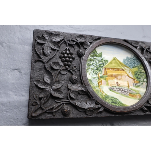 379 - Vintage German Plate Encased in a Hand Carved Wooden Frame Displaying Grape Vines approx 21