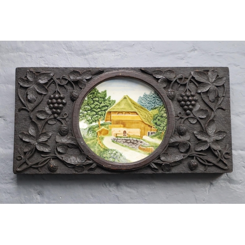 379 - Vintage German Plate Encased in a Hand Carved Wooden Frame Displaying Grape Vines approx 21