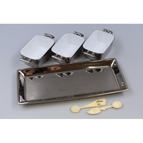 230 - Silvered Ceramic Condiment Set with two Serving Spoons