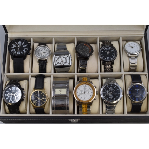 133 - Twelve Designer Quartz Watches in Faux Black Leather Presentation Box. All Working, Includes Emporio... 