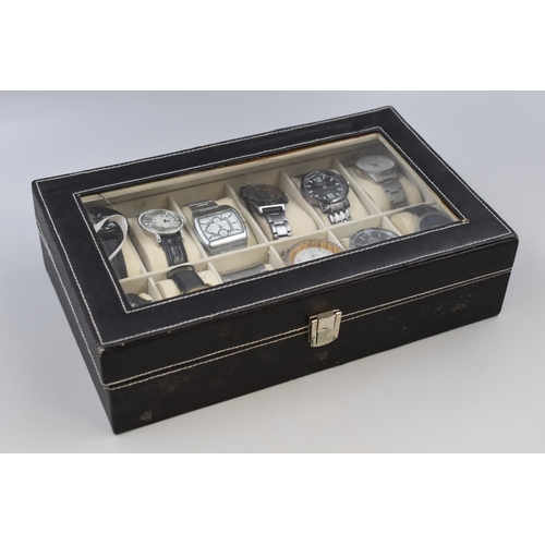 133 - Twelve Designer Quartz Watches in Faux Black Leather Presentation Box. All Working, Includes Emporio... 