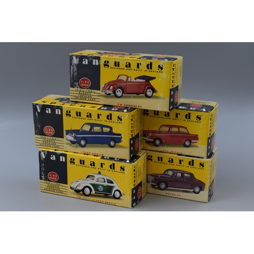 505 - 5 Vanguards diecast models to include Triumph Herald, Rover P4, VW Split-screen Beetle, VW Cabriolet... 