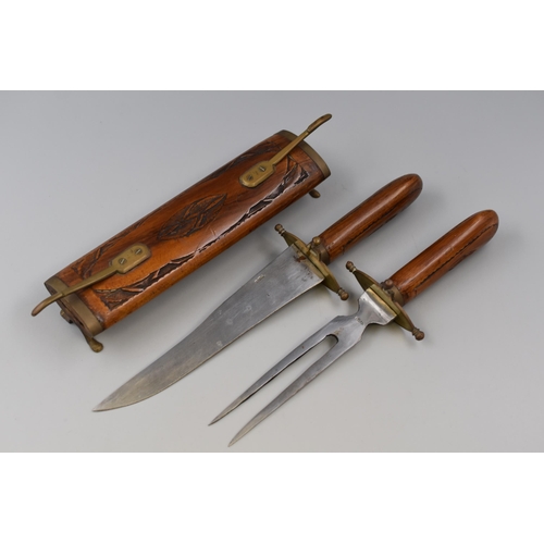 242 - Indian Carved Wood and Brass Knife and Fork Carving Set