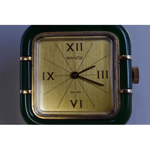 146 - A Ranox Swiss Mechanical Ladies Watch, In Gold Tone and Jade Effect. Working